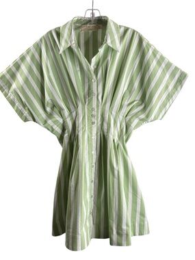 EXQUISE Raina Green & White Striped Button-Front Mini Tunic Shirt Dress $198